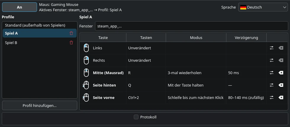 LinMBC-Hauptfenster: das Profil für Spiel A – die hintere Seitentaste sendet Q, die vordere wiederholt Ctrl+2 in Schleife.