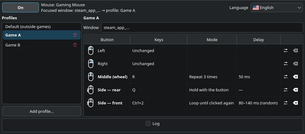 LinMBC main window: the Game A profile, with the rear side button sending Q and the front side button looping Ctrl+2.