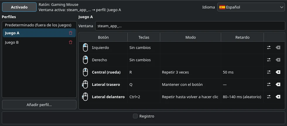 Ventana principal de LinMBC: el perfil de Juego A, con el botón lateral trasero enviando Q y el delantero repitiendo Ctrl+2 en bucle.