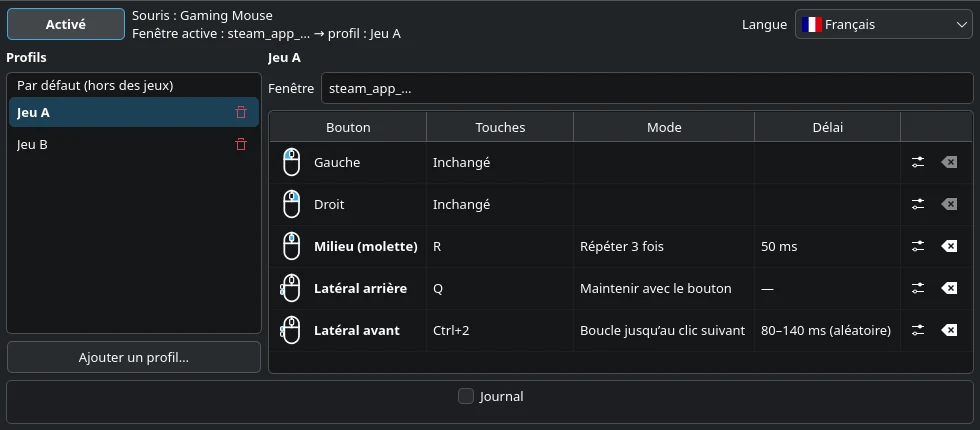 Fenêtre principale de LinMBC : le profil Jeu A, le bouton latéral arrière envoie Q et l’avant répète Ctrl+2 en boucle.
