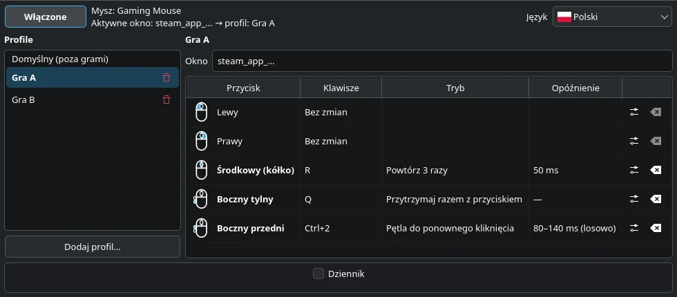 Główne okno LinMBC: profil Gra A, tylny przycisk boczny wysyła Q, a przedni powtarza Ctrl+2 w pętli.