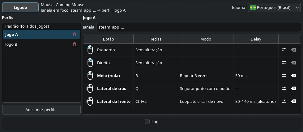 Janela principal do LinMBC: perfil do Jogo A, com o botão lateral de trás enviando Q e o da frente repetindo Ctrl+2 em loop.