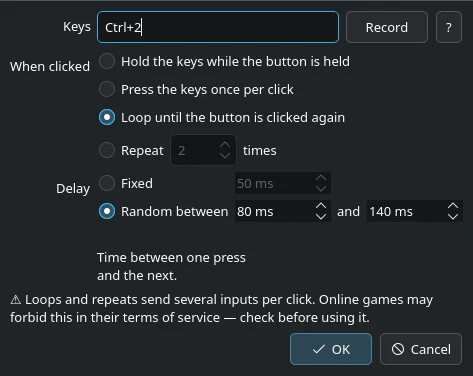 Button settings: keys Ctrl+2, loop until clicked again, random delay between 80 and 140 ms.