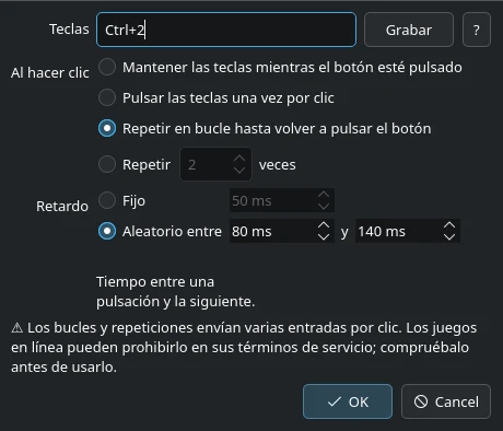 Ajustes del botón: teclas Ctrl+2, bucle hasta volver a pulsar, retardo aleatorio entre 80 y 140 ms.