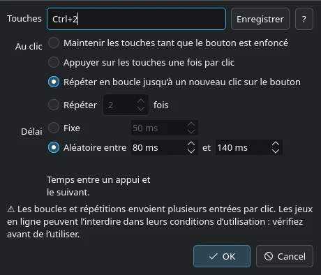 Réglages du bouton : touches Ctrl+2, boucle jusqu’au prochain clic, délai aléatoire entre 80 et 140 ms.