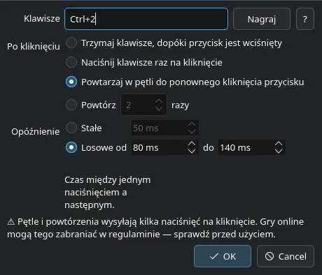 Ustawienia przycisku: klawisze Ctrl+2, pętla do następnego kliknięcia, losowe opóźnienie od 80 do 140 ms.